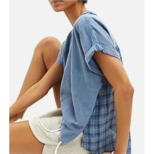 Pilcro by Anthropologie Mixed Media Blue Plaid Cuffed T-Shirt - Size - Small